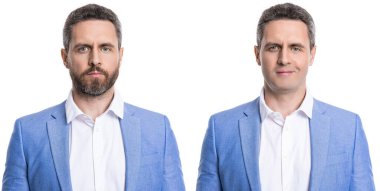 man face stubble collage before and after on background. before and after. man face stubble collage before and after wear jacket. man face stubble collage before and after