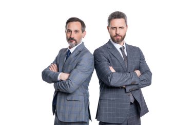 leadership of two businessmen isolated on white background. businessmen leadership concept. leadership of two businessmen in studio. image of leadership of businessmen wear suit.