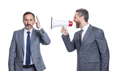 two businessmen ignore shouting loud in megaphone. businessmen ignore shouting in megaphone isolated on white. businessmen ignore shouting in megaphone at studio. businessmen ignore shouting