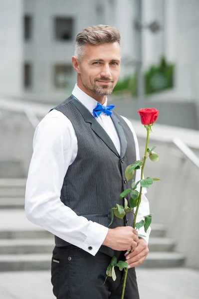 Valentines Day Concept Cheerful Tuxedo Man Valentines Rose Flower Gift — 图库照片