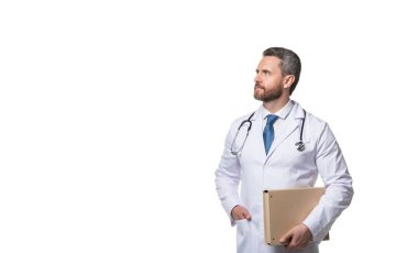Medic man holding folder. Medic in white coat. Professional medical service. Medic isolated on white, copy space.