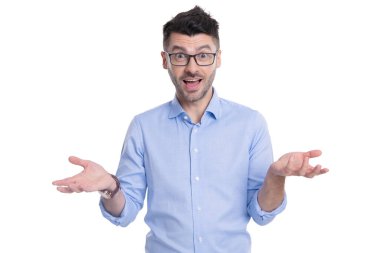 shocked manager isolated on white. shocked manager in studio. shocked manager on background. photo of shocked manager wear glasses.