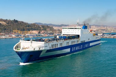 Barcelona, Spain - March 30, 2016: grimaldi cargo ship transport, corner view.