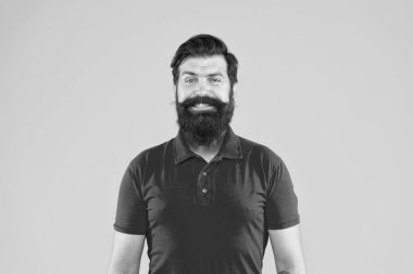 Bıyıklı, vahşi beyaz adam. Sarı arka planda kendine güvenen ve yakışıklı sakallı bir adam. Saç ve sakal bakımı. Mutlu erkek portresi. Sakallı olgun hippi..