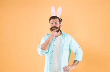 Yüz şeklin için sakal. Paskalya tavşanı sarı arka plana dokunur. Sakallı, şık sakallı adam tavşan kulağı takıyor. Erkekler tımar ediliyor. Berber salonu. Berber dükkanı. Sakalına özen gösteriyorum..