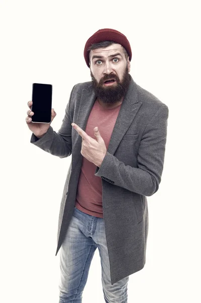 Smart Communication Your Fingertips Modern Bearded Man Pointing Finger Mobile — Stock Photo, Image