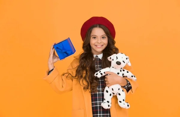 It is perfect. best day ever. happy holiday greeting. parisian girl with dog toy and box. small souvenir from france. paris spirit. trendy little girl french beret. happy birthday. shopping time.