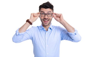 photo of glad man in eyewear. glad man in eyewear isolated on white background. glad man wearing eyewear in studio. glad man eyewear wear glasses.