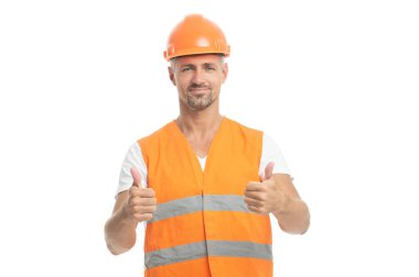 man engineer showing thumb up in white studio. man engineer on background. photo of man engineer wearing reflective vest. man engineer isolated on white.