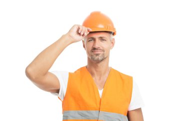 photo of happy man laborer wearing reflective vest. man laborer isolated on white. man laborer in white studio. man laborer on background.