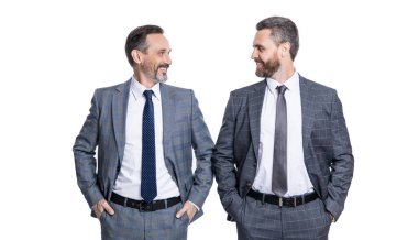 glad businessmen leadership concept. leadership of two businessmen in studio. image of leadership of businessmen wear suit. leadership of two businessmen isolated on white background.