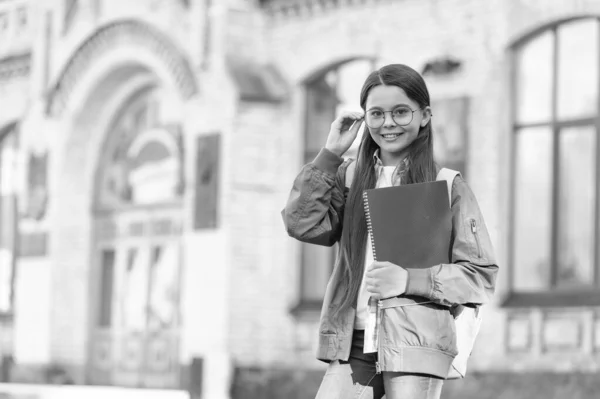 Menina Feliz Com Óculos Desgaste Caderno Trabalho Voltar Para Escola — Fotografia de Stock
