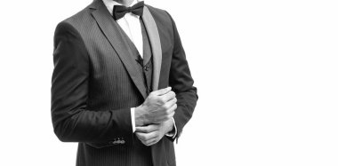 Papyon takım elbiseli doğranmış bir adam. İşadamı beyaz arka planda kopya alanı ile izole edilmiş. resmi giyim konsepti.