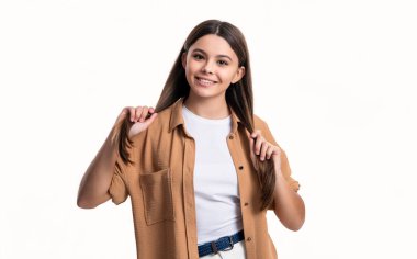 tween trendy girl has long hair. trendy teen girl isolated on white background. style of trendy teen girl in studio. fashion of trendy teen girl wear tshirt.