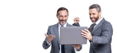 photo of businessmen freelancing on laptop, banner. two businessmen freelancing using laptop. businessmen freelancing isolated on white background. businessmen freelancing in studio.
