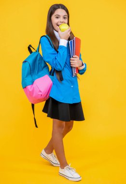 photo of teen school girl with notebooks and apple. teen school girl isolated on yellow. teen school girl in studio. teen school girl on background.