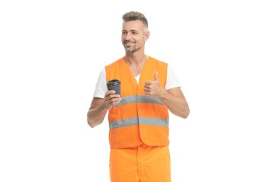 cheerful man worker at break in studio. man worker at break on background. photo of man worker at break wear orange waistcoat. man worker at break isolated on white.