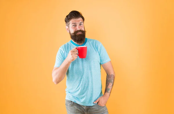 Morning inspiration. Caucasian brutal hipster drinking beverage. hot drink mug. man casual style drink tea. good morning coffee. Morning tea cup for breakfast. break for lunch. sip of inspiration.