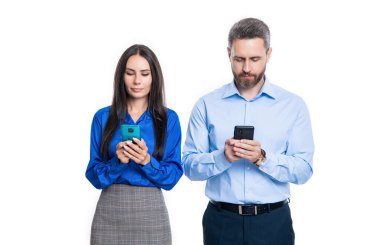 colleagues messaging isolated on white. colleagues messaging in studio. colleagues messaging on background. photo of colleagues messaging on phone.