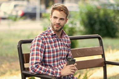 Parktaki bankta kahve fincanı olan kareli gömlekli neşeli genç adam..
