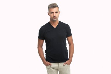 image of mature caucasian guy with stubble. mature caucasian guy isolated on white. mature caucasian guy in studio. mature caucasian guy on background.