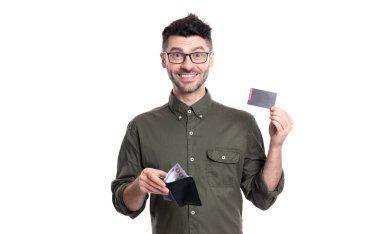 happy man with wallet and card isolated on white background. man transfer money to card. studio shot of man going to transfer money. bank card for money transfer.