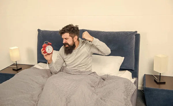 Angry guy punching alarm clock being in bed in morning, overslept.