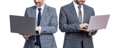 businessmen freelance typing isolated on white background. businessmen freelance in studio. photo of businessmen freelance with laptop. two businessmen freelance using laptop.