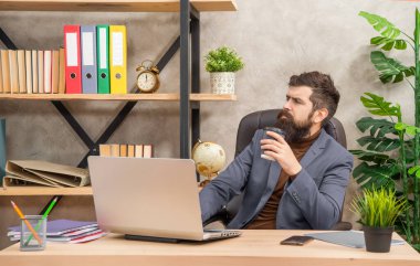 Yetişkin girişimcilerin ofiste kahveyle bilgisayar üzerinde çalışması, modern hayat..