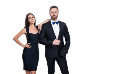 formalwear couple in studio, copy space. formalwear couple on background. photo of formalwear couple wear tuxedo. formalwear couple isolated on white.