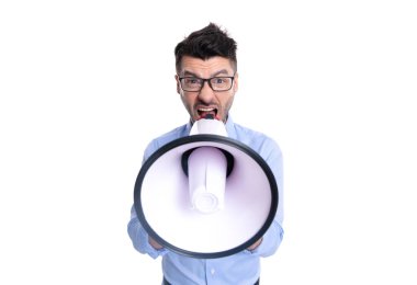 man shouting announcement with anger in megaphone. photo of man with megaphone announcement. man with megaphone isolated on white background. man with megaphone announcement in studio.