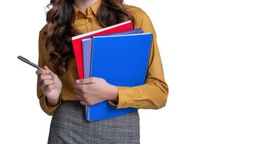 school student girl in studio, cropped view. school student girl on background. photo of school student girl with homework. school student girl isolated on white.