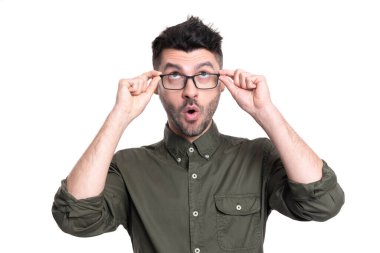 portrait of man employee isolated on white background. employee man portrait in studio. employee in glasses. caucasian employee man wear shirt.