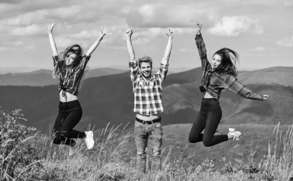 Happy to travel together. friends camping. hiking outdoor adventure. happy man and girls. wanderlust discovery. picnic in tourism camp. group of people spend free time together.