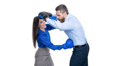 fighting of businesspeople rivalry on background. photo of businesspeople rivalry wear boxing gloves. businesspeople rivalry isolated on white. businesspeople rivalry in studio.