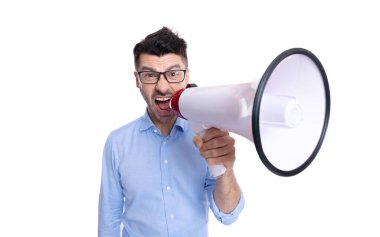 angry man with megaphone announcement in studio. man shouting announcement in megaphone. photo of man with megaphone announcement. man with megaphone isolated on white background.