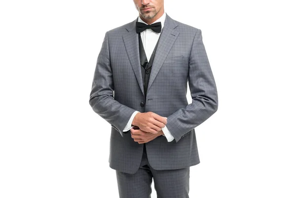 Cropped Man Bow Tie Blue Suit Businessman Isolated White Big — Zdjęcie stockowe