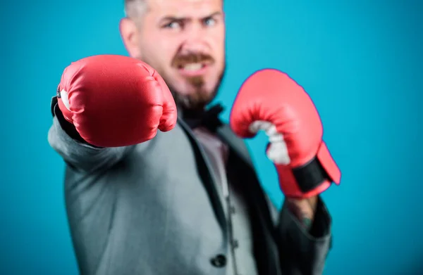 knockout and energy. Fight. businessman in formal suit and bow tie. Business and sport success. powerful man boxer ready for corporate battle. bearded man in boxing gloves punching. no pain no gain.