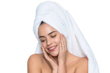 skincare of cheerful beauty woman in studio. skincare of beauty woman on background. skincare photo of beauty woman with smooth skin. skincare of beauty woman isolated on white.