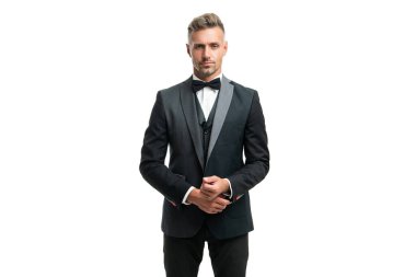 handsome man in suit and bow tie. businessman isolated on white. boss in formal wear.