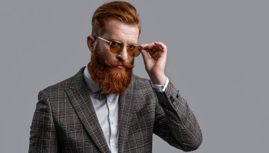 photo of tuxedo formal man with beard, banner. tuxedo formal man isolated on grey. tuxedo formal man in studio. tuxedo formal man on background.