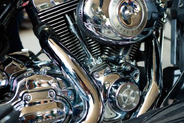 Kyiv, Ukraine - September 13, 2014: Harley Davidson metallic engine chrome part.