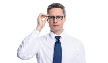 adult man see in eyewear at studio. man see in eyewear on background. photo of man see in eyewear. man see in eyewear isolated on white.
