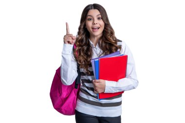 education of teen school girl in studio, idea. education of teen school girl on background. photo of education of teen school girl study. education of teen school girl isolated on white.