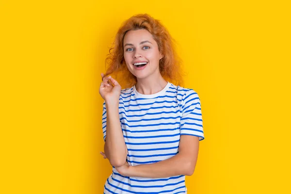 happy redhead woman appearance isolated on yellow background. appearance of young redhead woman in studio. adult redhead woman appearance.