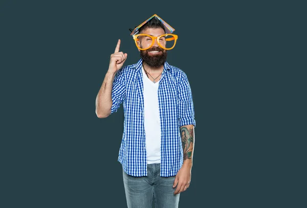 Positivo Inspirado Con Idea Hombre Barbudo Divertido Gafas Fiesta Con —  Fotos de Stock