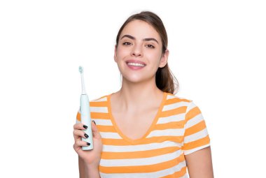 happy woman with electric toothbrush isolated on white background.