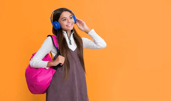 Glad Child Headphones School Backpack Yellow Background — Foto de Stock