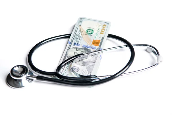 Medicinsk Ersättning Pengar För Läkemedelskostnader Selektivt Fokus Stetoskop Läkemedelskostnader Isolerad — Stockfoto