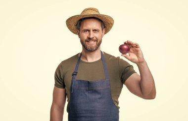 greengrocer in apron and hat with onion vegetable isolated on white.